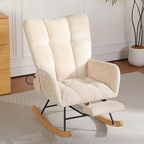 Rocking Chair Nursery with Airbag, Comfy Modern Nursery Rocking Reading Chair Indoor with Footrest, Cozy Upholstered Glider Rocker Chairs for Living Room Bedroom Offices(Chenille, Beige)