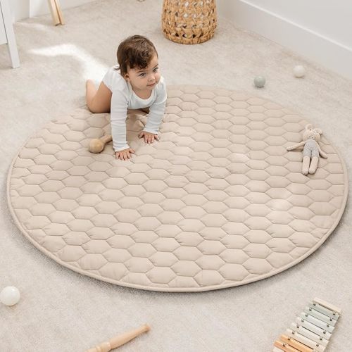 Comfy Cubs Round Kids Play Mat - Medium 48 inches Soft Quilted Baby Floor Mat with Non-Slip Bottom - Plush Design for Toddlers' Playtime - Comfortable and Durable - Sand