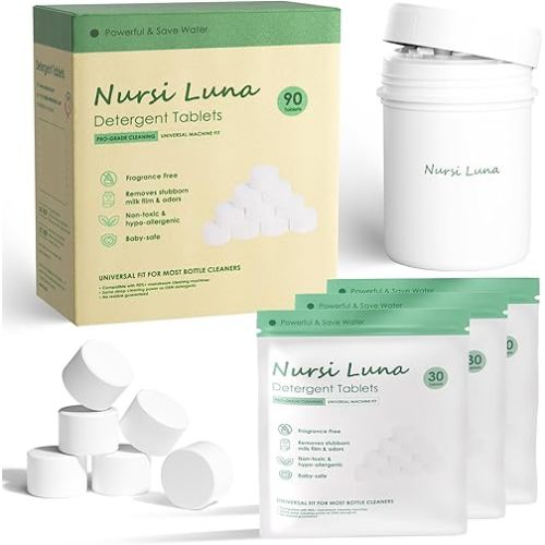 Detergent Tablets for All Brands Baby Bottle Washers, 90Pcs Gentle Formula Baby Bottle Washer Tablets with Storage Container, Fast-Dissolving, Efficiency Removes Milk Residue & Odor