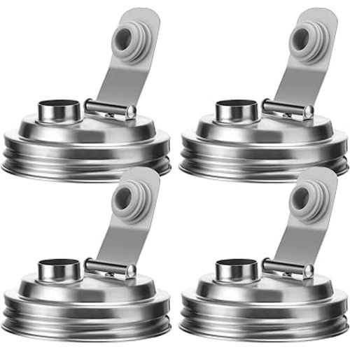 Palksky Mason Jar Pour Spout Lid Stainless Steel, Wide Mouth Pour Spout Flip Cap Lids for Mason Jars, anticracking Leak Proof Seal Cover Airtight for Drinking Salad Dressing & Food Storing(4PCS)