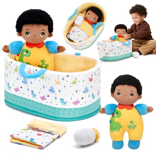 OUOZZZ 10" Soft Black Baby Boy Doll Set, Baby Doll Accessories Pretend Playset Emotional Social for 2 Year Olds Boy Valentine Birthday Gift Dinosaur