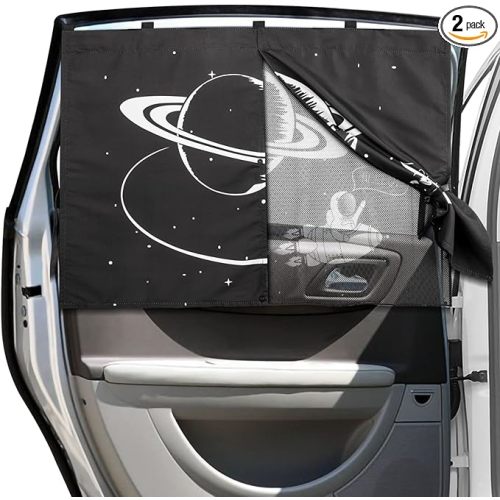 Magnetic Car Window Shades, 2 Packs Car Sun Shades for Baby, 2 Layers for Blackout/See Through Options Space Pattern Side Window Curtain for Kids Heat/UV Blocker