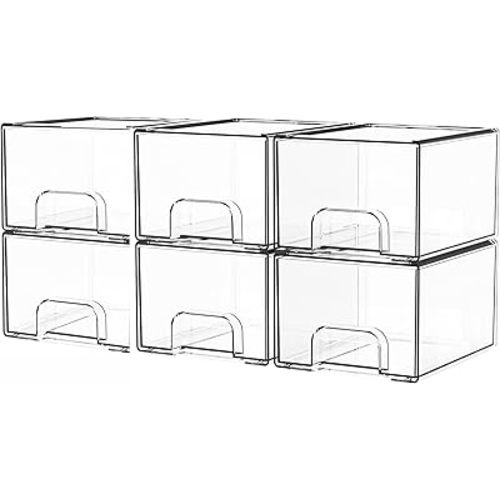 Yieach 6 Pack Clear Stackable Storage Drawers,4.4Inch Tall Acrylic Drawers Storage Boxes,Bathroom Organization and Storage,Plastic Makeup,Medicine Organizer,Storage Bins for Cabinet,Shelves,Undersink