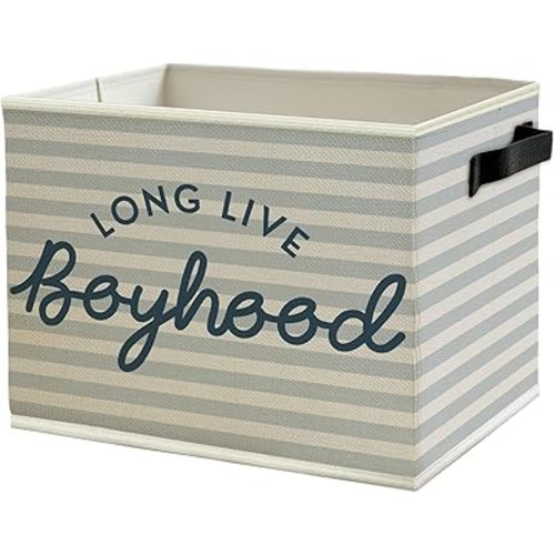 Long Live Boyhood Boys Storage Bins Box with Handles, Light Blue Striped Collapsible Basket Organizer for Kids Boy Nursery Room Bedroom Bathroom Playroom Toys Books Clothes