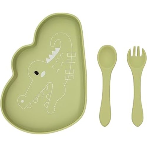 BabyX Baby Silicone Feeder Set, 3-pcs Safari Wildlife-themed Baby Plate with Suction, Spoon and Fork for Babies Toddler Kids, BPA-Free, Baby Utensils Feeding Supplies, Microwave and Dishwasher Safe