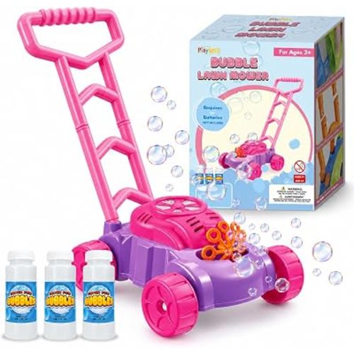 Playbees Bubble Lawn Mower for Toddlers 1-3 - Kids Toy Lawn Mower with Music & Realistic Sounds, Bubble Blowing Machine, Push Garden Toy for Girls, Indoor/Outdoor, Birthday & Preschool Gift (Pink)