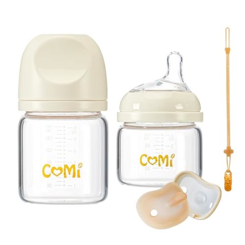 COMI Natural Glass Baby Bottles for Breastfeeding Babies,Newborn Anti-Colic Baby Bottle Set with Slow Flow Nipple,0-3 Months,BPA-Free,4 oz,2 Pack