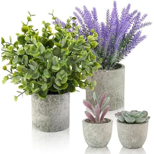 ALAGIRLS 4 Packs Fake Plants Small Artificial Plants for Shelf Lavender Flowers Eucalyptus Succulents Plants Potted Faux Plants for Home Indoor Office Bathroom Living Room Decor