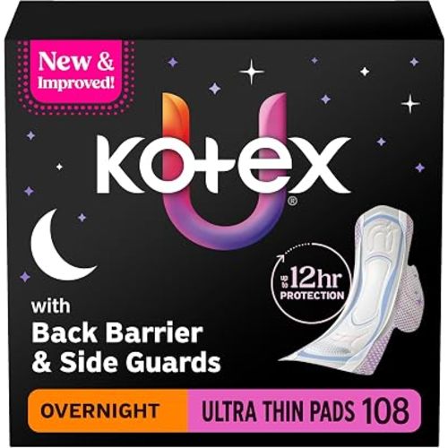 Kotex Ultra Thin Overnight Pads, Wings, Heavy, 108 Count, 3 Packs of 36
