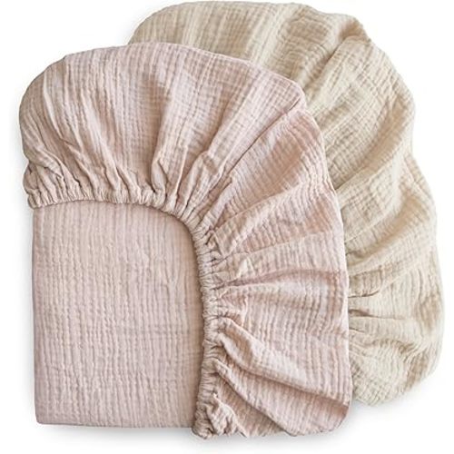 mushie Extra Soft Muslin Fitted Crib Sheet 2-Pack | 192 Thread Count | 28"x 52" (Blush/Fog)
