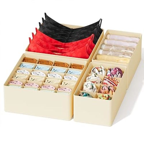 SpaceAid Underwear Drawer Organizer, 4 Pack Dresser Organizer Bins for Nursery, Closet Organization and Storage with Dividers for Baby Clothes Socks Bra Ties Scarf (Beige)
