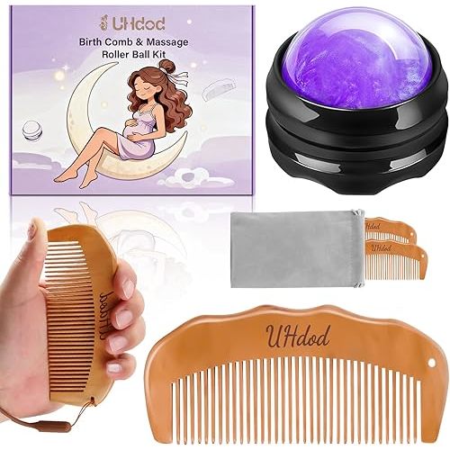 UHdod Birthing Comb & Massage Roller Ball 3 Kit, Wooden Labor Comb Natural Labor and Delivery Essentials, Pregnancy Hospital Bag Essentials, Women Pregnant Mom Gifts for Labor Pain Relief Acupressure