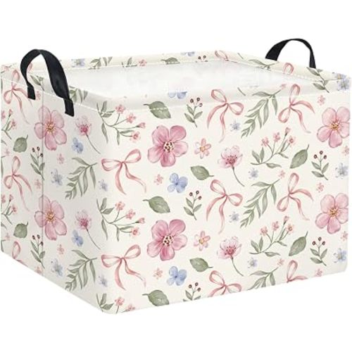 Rectangular Baby Kids Storage Basket for Home Kitchen Girls Cute Toy Storage Bin Organizer Shelf Book Room Decor(Bowknot Flower)