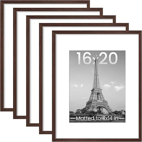 upsimples 16x20 Picture Frame Set of 5, Display Pictures 11x14 with Mat or 16 x 20 Without, Wall Gallery Poster Frames, Brown