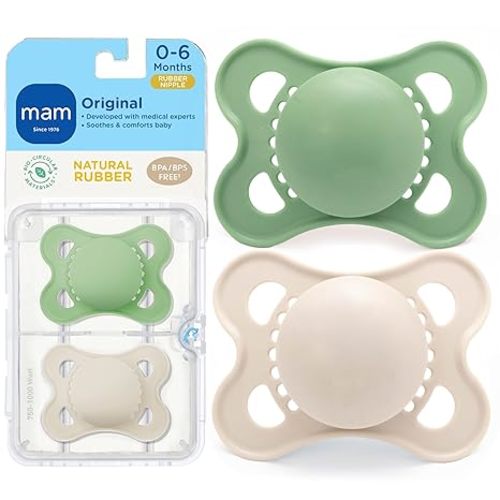 MAM Original Latex Pacifiers, Binky Pacifier for 0-6 Months, Natural Rubber Nipple, Made from Bio-Circular Materials, Easy to Clean, with Sterilizer Case, 2 Count Binkies