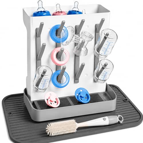 Baby Bottle Organizer and Drying Rack with Silicone Mat & Cleaning Brush - Space Saving Vertical Dryer for Breast Pump Parts, Bottles & Accessories - 12 Hooks, Removable Pacifier Box & Straw Holder