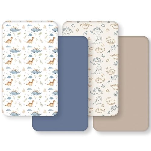 Baby Crib Sheets for Boys and Girls, Toddler Bed Sheets Fitted for 52”x28”Standard Crib and Toddler Mattresses, 4 Pack Soft Stretchy Microfiber Khaki Blue Dinosaur