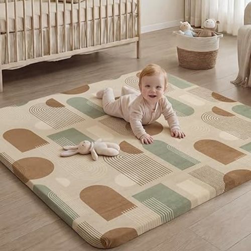 Blissful Diary 1.3" Thick Baby Play Mat, 50x50 Playpen Mat with Removable & Washable Cover, Ultra Soft Crawling Rug for Floor, Foam Cushion & Non-Slip Backing for Kids, Toddlers, Earth Tone Rainbow