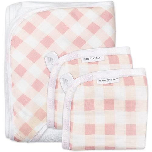 HonestBaby 3-Piece Organic Cotton Hooded Towel & Washcloth Set, Peach Skin Painted Buffalo Check, One Size