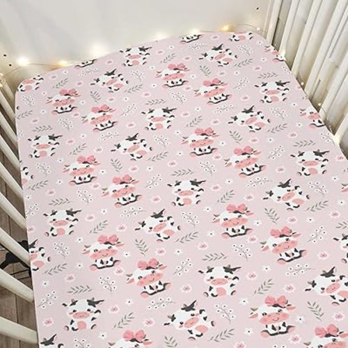 Cute Cow Pink Bows Baby Crib Sheets for Boy Girl 28"x52" Cartoon Cows with Flowers Leaves Soft Snug Fitted Crib Mattress Cover Farm Animals Nursery Baby Sheet for Standard Crib & Toddler Mattress Pad