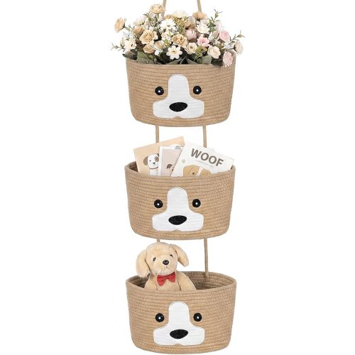3-Tier Dog Theme Cotton Rope Hanging Basket Organizer Cute Nursery Door Organizer Wall Storage Bin with Hooks, Brown Over Door Decorative Nursery Closet Hanging Accessories