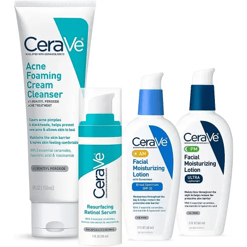 CeraVe Acne Skin Care Set | 5oz Acne Foaming Cream Cleanser + 1oz Resurfacing Retinol Serum + 2oz AM Facial Moisturizing Lotion with SPF 30 + 2oz PM Facial Moisturizing Lotion | Skin Care Routine