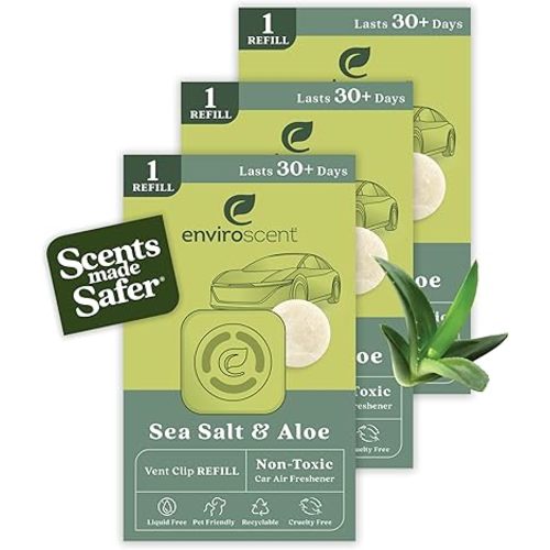 Enviroscent Non-Toxic Car Air Freshener (Sea Salt & Aloe) Car Air Freshener Infused with Essential Oils | Car Scent Lasting Over 30 Days | 3 Car Vent Clip Air Freshener Scent Pod Refills