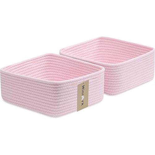 Small Square Shallow Baskets for Organizing, 9.7x9.7x4.3 Inch Rope Woven Storage Bins for Cubes Closet, Shelves Storage, Boho Decorative Basket, 2 Packs Light Pink