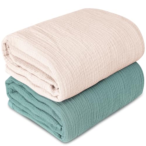 Muslin Swaddle Blankets for Newborn, 2 Pack Breathable Soft Receiving Blanket, Large 41 x 41 inches Swaddle Wrap Burping Clothes, Essentials Infant Shower Items. (Beige + Green)