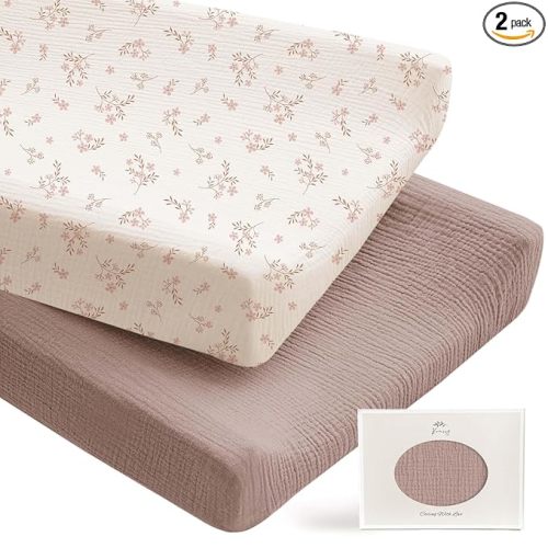Konssy 2 Pack Muslin Changing Pad Covers for Boys, Ultra Soft & Breathable Cotton Baby Diaper Changing Table Covers, Neutral Nursery Diaper Changing Pad Sheets (Soft Blooms,Taupe)