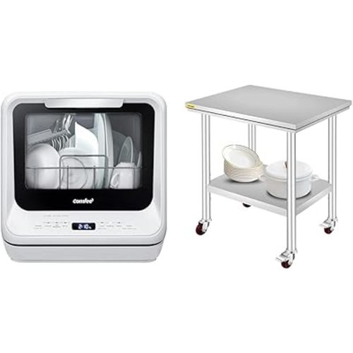 COMFEE' Portable Dishwasher Countertop with 5L Built-in Water Tank & Mophorn Stainless Steel Work Table with Wheels 24 x 30 x 32 Inch Prep Table