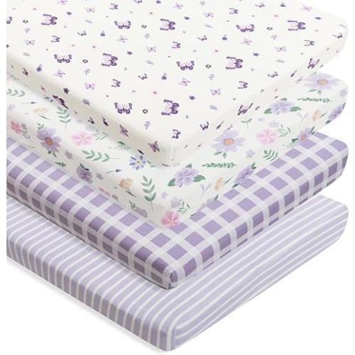 4 Pack Butterfly Baby Crib Sheets for Baby Girls Purple Crib Fitted Sheets for Standard Size Crib and Toddler Mattress Soft and Breathable (Pack N Play)