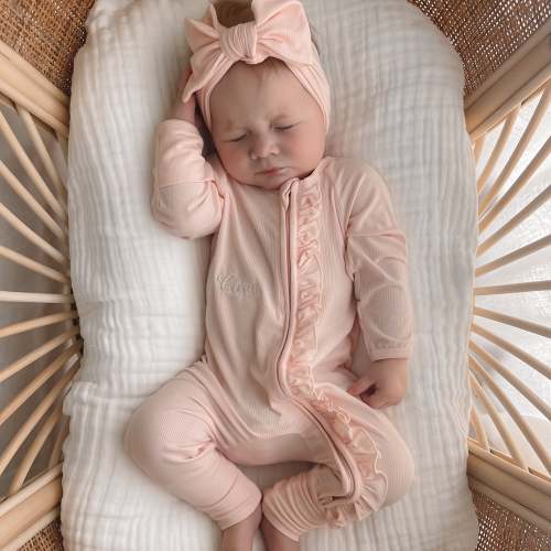 Ribbed Frill Bamboo Zip Growsuit - Peony Pink