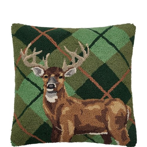 Peking Handicraft Deer Plaid Wool Hook Square Throw Pillow