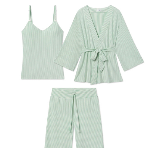 LAKE | DreamModal Pajamas | Parisian Green Pencil Stripe Maternity Kimono Bundle