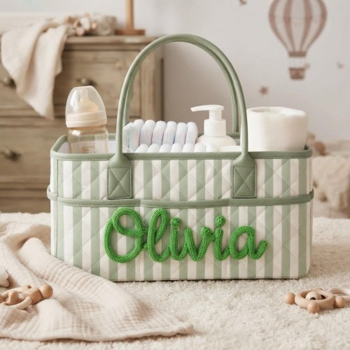 Personalized Quilted Diaper Caddy, Baby Storage Basket with Custom Name, Baby Shower Gift Nursery Organizer