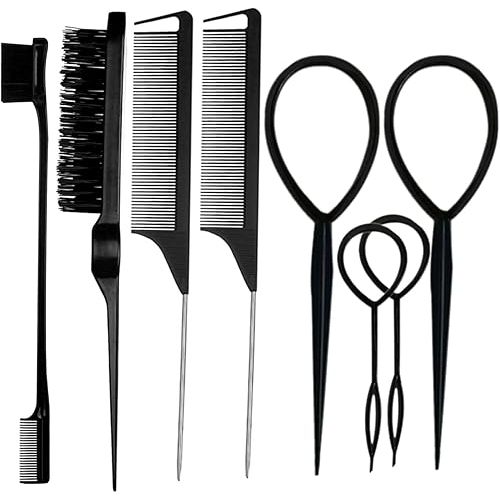 ZVOREI 8Pcs Black Hair Brushes Set with 4Pcs Topsy Tail Tools, Teasing Bristle Brush, Edge Control Brush, and 2Pcs Metal Pin Rat Tail Combs for Women's Hair Styling and Brushing