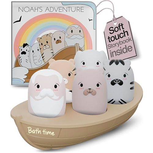 Noah's Ark Silicone Floating Bath Toy Set for Toddlers 18M+ Includes 7 Pieces Boat Animals and Waterproof Bible Storybook Educational Sensory Learning Nordic Color Design Montessori Faith Play