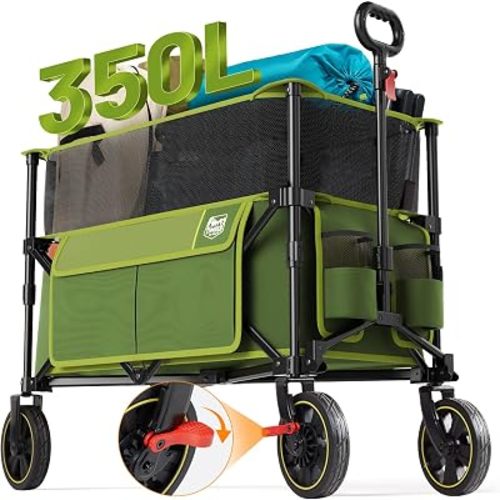 Timber Ridge 350L Extra Large Collapsible Folding Wagon Carts with Brake, Heavy Duty Outdoor Camping Utility Wagons with Extended Height, Adjustable Handle, Cup Holders, Side Bag(Green)