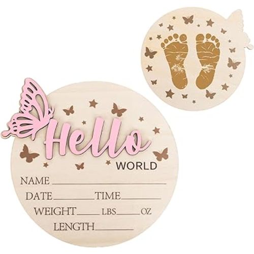 Whaline Hello World Newborn Sign Butterfly Star Baby Announcement Sign Cute Newborn Birth Wooden Board Milestone Card for Birthday Baby Shower Photo Prop Keepsake