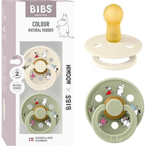 BIBS Colour Moomins Pacifier 2-Pack, BPA Free Pacifier, Round Nipple. Natural Rubber Latex, Made in Denmark, Size 2 (6-18 Months), Ivory/Sage