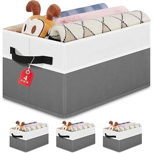 Large Shelf Storage Bins [4 Pack],Decorative Collapsible Storage Basket,Fabric Closet Organizer and Home Storage Cubes with Handles for Organizing Books, Clothes, Toys, Nursery（Grey）