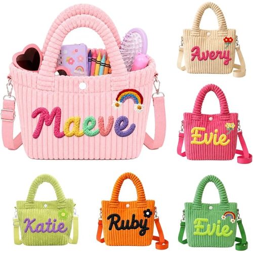 Personalized Kids Purse for Girls Custom Name Corduroy Toddler Crossbody Bag Outdoor Vacation Kids Fanny Pack Christmas Birthday Gifts for Little Girls