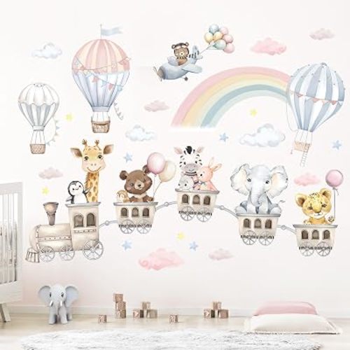 Animal Train & Hot Air Balloons Kids Wall Stickers Rainbow Elephant Giraffe Wall Decals Baby Nursery Bedroom Girls Wall Decor