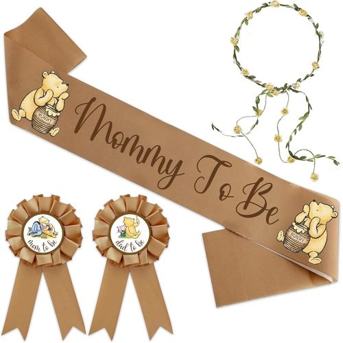 Winnie Baby Shower Sash Mom to Be Sash and Dad to Be Pin Flower Crown for Gender Reveals Party Baby Shower Party Favors Decorations for Boys and Girls Pregnancy Props Gift, Standard, Brown