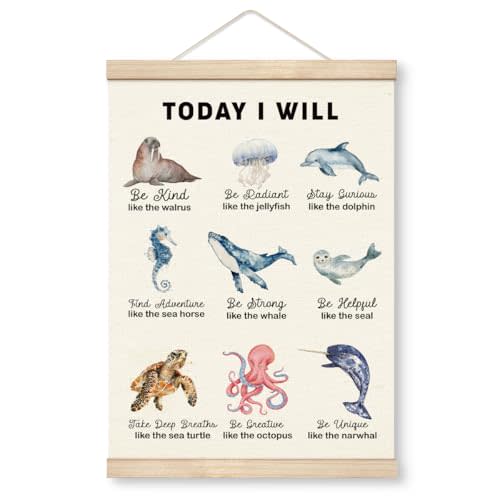 Yxadu Ocean Bedroom Decor, Ocean Animals Affirmation Poster Hanger Frame, Farmhouse Wall Decor, Canvas Wall Art Paints for Classroom Nursery, Girls Boys Nursery Playroom Toddler Kids Room decorate