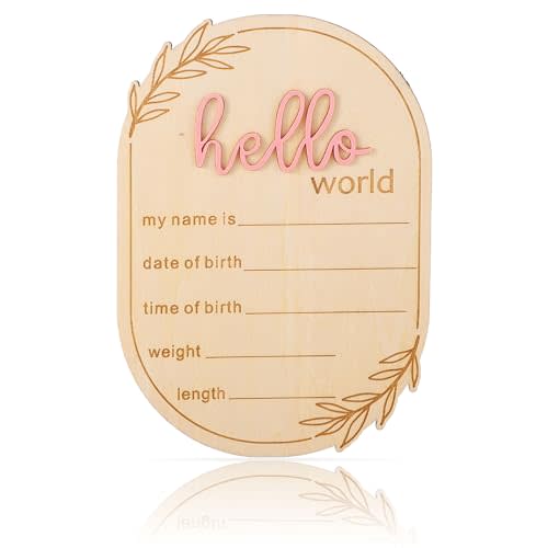 Baby Announcement Sign, 5.91x4.13in Hello World Wooden Newborn Name Sign for Birth Photo Props Baby Shower Hospital Nursery Decor Personalized Birth Keepsake (Pink)
