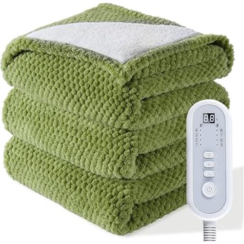 Heated Throw Electric Blanket, 50x60 Inches Fuzzy Fleece Blanket, Soft Fluffy Fast Heating Blanket 8 Heating Levels & 8 Hours Auto Off, Blanket with ETL & FCC Certification, Green