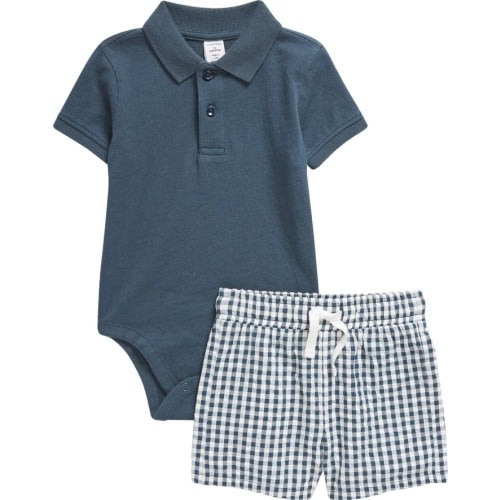 Baby Cotton Polo Bodysuit & Shorts Set, 18Months, Navy Midnight- Navy Gingham