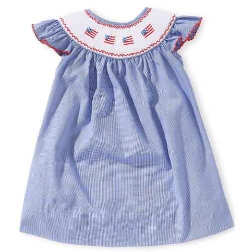 Edgehill Collection Baby Girls Flutter Sleeve Smocked Needlepoint Americana Flag Gingham Dress